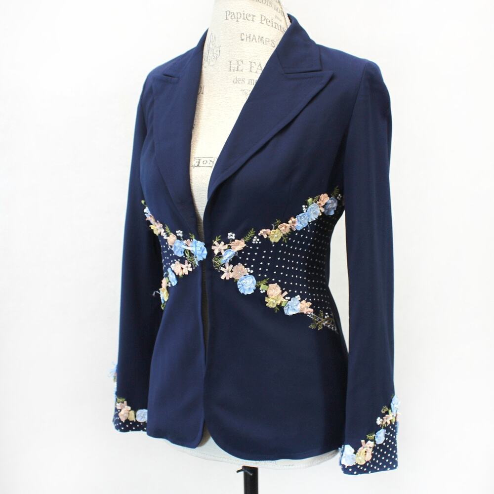 Austin Reed designer wool blend embroidered navy blue blazer jacket size 2